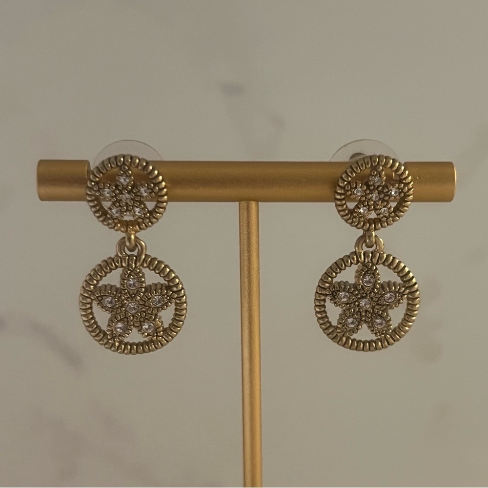 Vintage Jeweled Gold Beaded Starfish Dangle Earrings